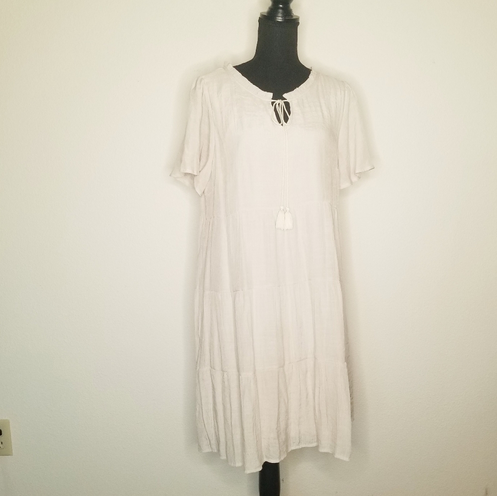 Naif Tiered Natural Color Dress Textured Rayon Cottagecore Ruffles Tie Lined
